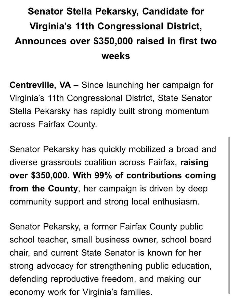 Jaaavis's tweet image. On May 23, state Sen. @sgpekarsky announced that she raised $350,000 during the first two weeks of her campaign for the VA-11 special election. However, her campaign finance report shows that she only raised $338,806 in total during the entire campaign. $250K of that was a loan