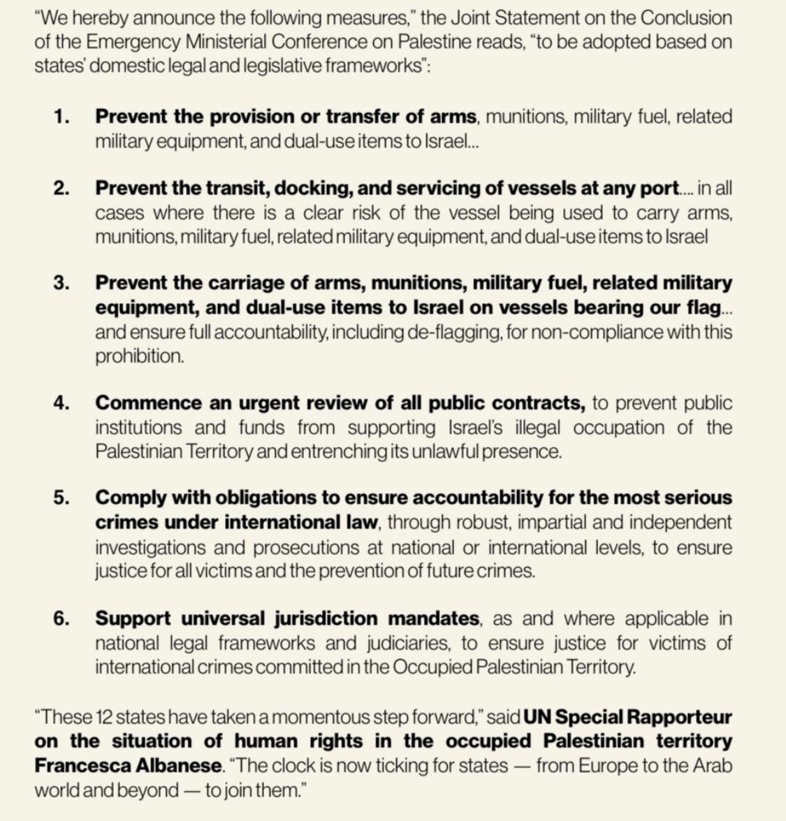 MccailColl's tweet image. Today, in Botatá, Colombia, 12 nations of conscience agreed to take the six concrete actions below to strike a blow against Israel’s impunity.
@FranceskAlbs hailed the declaration as a “momentous step forward”.