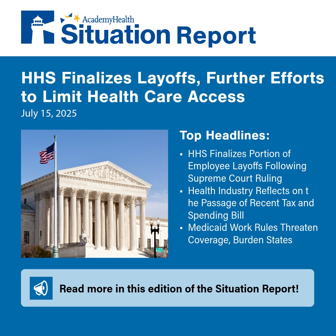 AcademyHealth's tweet image. Medicaid work requirements, capped medical school loans, and restricted care for immigrants are reshaping access to health care. Our latest Situation Report highlights the latest policy changes impacting patients, providers, and health systems. Read more: academyhealth.org/blog/2025-07/a…