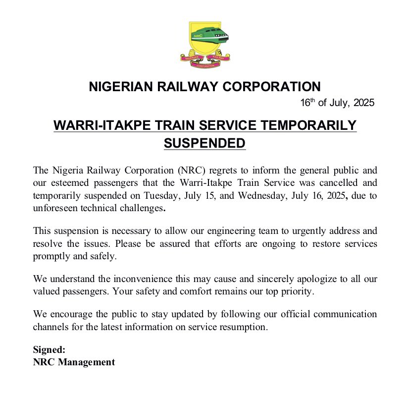 info_NRC's tweet image. WARRI-ITAKPE TRAIN SERVICE