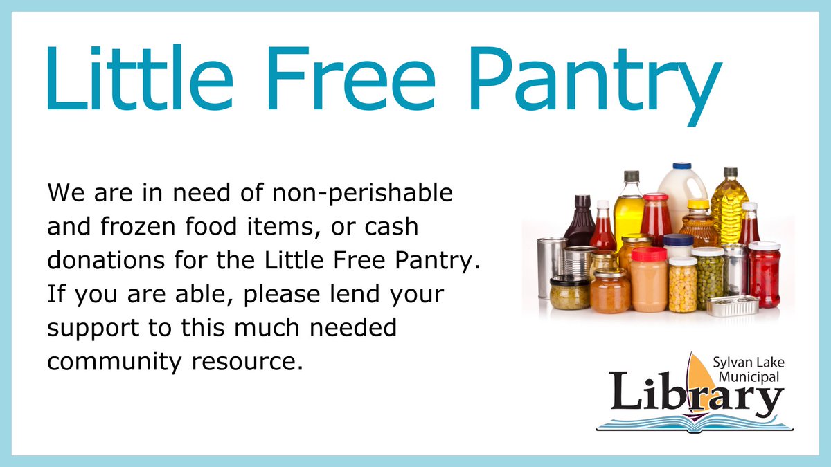 Can you help? 

The Little Free Pantry is in need donations of non-perishable and frozen food items, or cash donations. 

prl.ab.ca/sylvanlake/lib…

If you are able to donate, you can do so at the Library, or online via CanadaHelps: prl.ab.ca/sylvanlake/don…

#LittleFreePantry