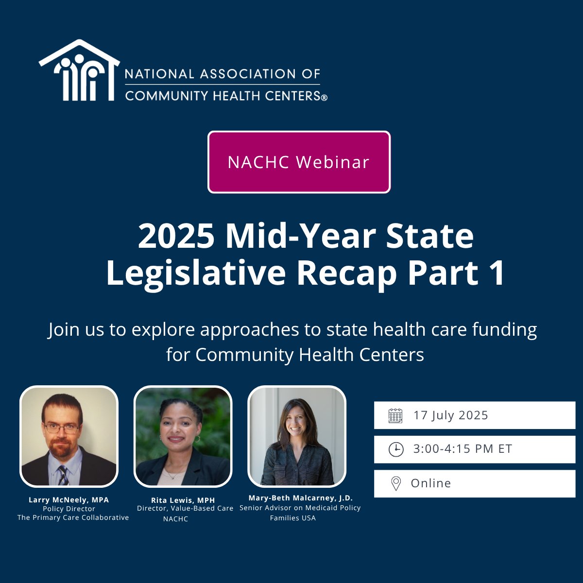 NACHC's tweet image. Join @NACHC staff for Part 1 of a two-part webinar on state policy trends impacting Community Health Centers in 2025.
🗓️ July 17 | 3–4:15 PM ET
💬 Topics: state budgets, Medicaid, primary care funding
🔗 Register: bit.ly/46K7Y9l
#ValueCHCs #HealthcarePolicy #PrimaryCare