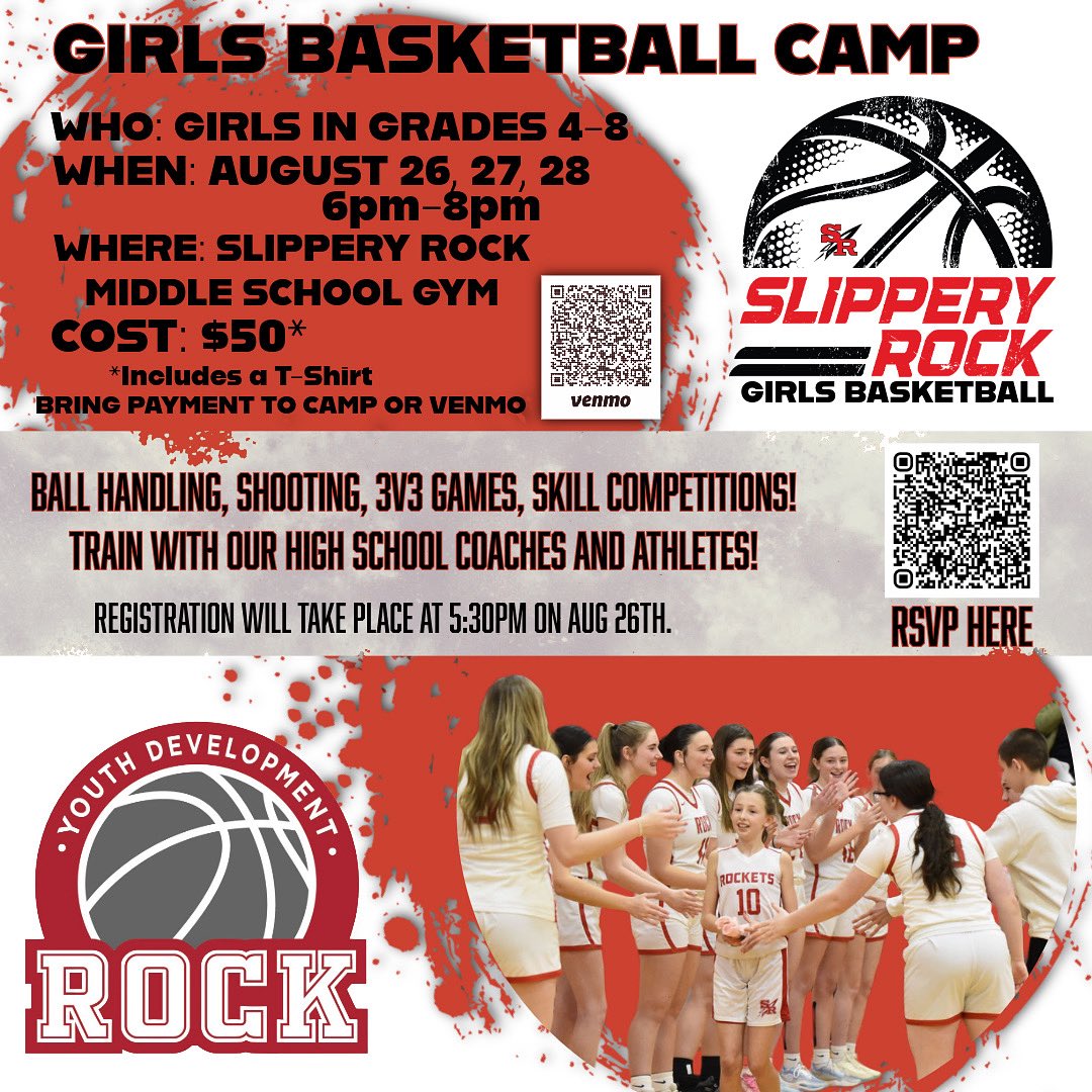 The Slippery Rock High School Girls Basketball team and Slippery Rock Basketball Youth Development will be holding a camp for girls entering grades 4-8 (from anywhere!) on August 26th, 27th, and 28th from 6pm-8pm at Slippery Rock Area Middle School.
