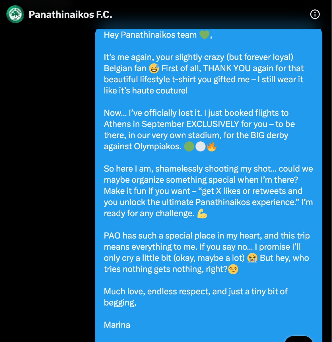 xoxomarine29's tweet photo. Okay, I’ve officially entered my “completely insane fan” era… I just slid into Panathinaikos’ DMs. Mission in progress. Pray for me 😭💚 #paofc #crazyfan https://t.co/mBAvS8uHtI