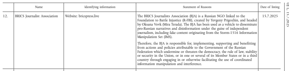 Minha organização está oficialmente sancionada pela União Europeia.

Ontem, a UE publicou sua mais nova atualização na lista de sanções contra entidades russas. Nenhuma surpresa. Mais um dia comum na terra da liberdade e dos valores democráticos.

Entre as instituições miradas