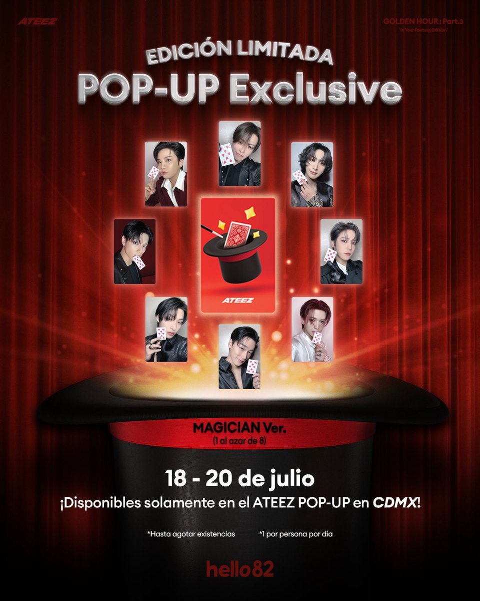 hello82CDMX's tweet image. ¡TA-RAN! Un POP-UP Exclusive (MAGICIAN Ver.) de Edición Limitada ha aparecido 🪄
Nos vemos mañana en el ATEEZ POP-UP y esto sera tuyo!
CÓMO RECLAMAR:
1. Prepara un playlist magico con GOLDEN HOUR : Part.3 ‘In Your Fantasy Edition’
2. Ven al ATEEZ POP-UP
3. Recibe un POP-UP…