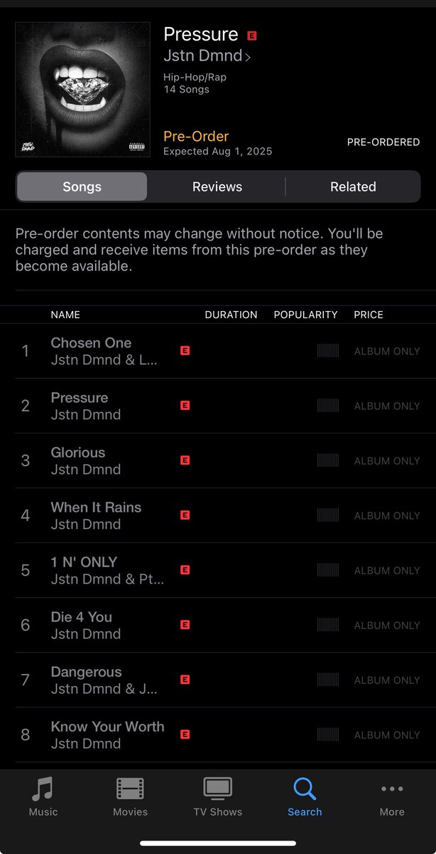 Pressure is now available for Pre-Order in the iTunes Store! In order to find it, you have to open the iTunes Store app and search for “Jstn Dmnd Pressure”. Thank You All! Your support is greatly appreciated! 🙏🏼💙