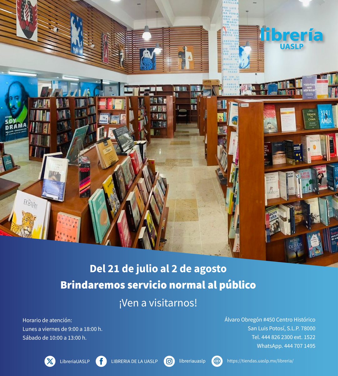 LaUASLP's tweet image. #QueNoSeTePase

📚 En este periodo vacacional, la @LibreriaUASLP brindará SERVICIO NORMAL al público.

¡Visítala! y lleva a casa los materiales 📖 que te hacen falta.

#UASLP