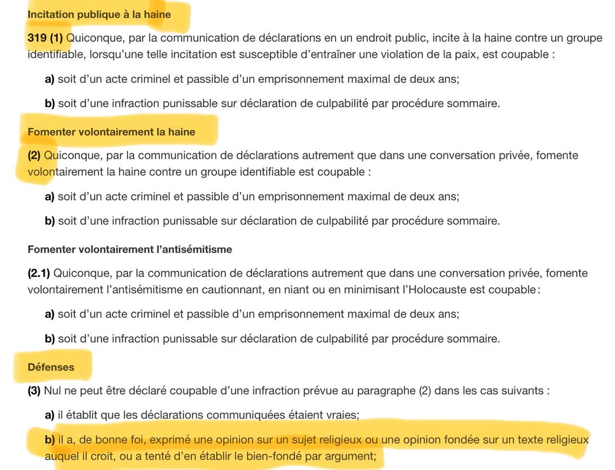 yclaude's tweet photo. Pour en finir avec les appels au Jihad, aux meurtres des Juifs, des "Infidèles", des "Mécréants", des "Apostats", etc.
Publication de Marie-Claude Girard (sur "X") : "Voici l’#Exception_religieuse du #Code_criminel du #Canada à abolir (article 319-3-b)"
*
Rappel :
«#Adil_Charkaoui ne sera pas poursuivi pour incitation à la haine», La Presse canadienne, Radio-Canada, 16 mai 2024
«Le Montréalais Adil Charkaoui, qui avait fait l'objet d'une plainte pour menaces et pour incitation à la violence à la suite de propos tenus en octobre dernier, ne sera pas poursuivi, a conclu le Directeur des poursuites criminelles et pénales (DPCP).
Le comité de trois procureurs aux poursuites criminelles qui a analysé le rapport d'enquête de la Gendarmerie royale du Canada (GRC) a en effet déterminé que la preuve disponible ne permettait pas de porter d'accusation pour incitation publique à la haine contre M. Charkaoui.
Un organisme avait porté plainte contre Adil Charkaoui en novembre dernier pour des discours qu'il aurait prononcés les 14 et 28 octobre 2023 au cours de manifestations propalestiniennes à Montréal.
Selon une traduction obtenue par La Presse Canadienne, M. Charkaoui, connu pour ses antécédents, aurait notamment déclaré : «Dieu, charge-toi des sionistes agresseurs. Ô Dieu, assure-toi de n'en laisser aucun.»»