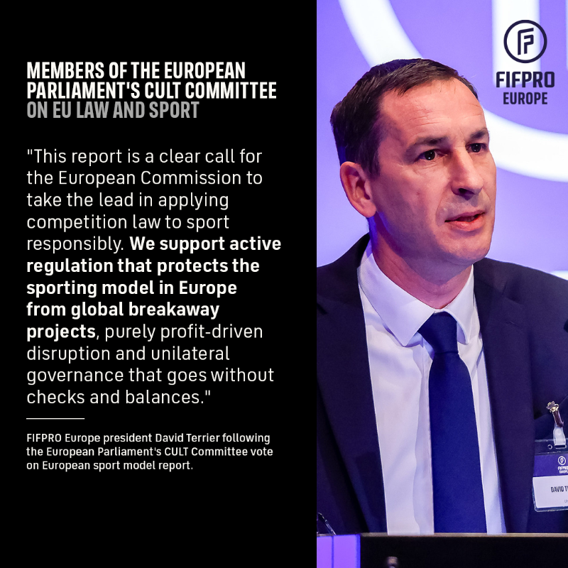FIFPRO's tweet photo. #FIFPRO Europe president David Terrier welcomes today’s @EPCulture vote as a step toward protecting players and defending their role at the heart of the European sporting model.