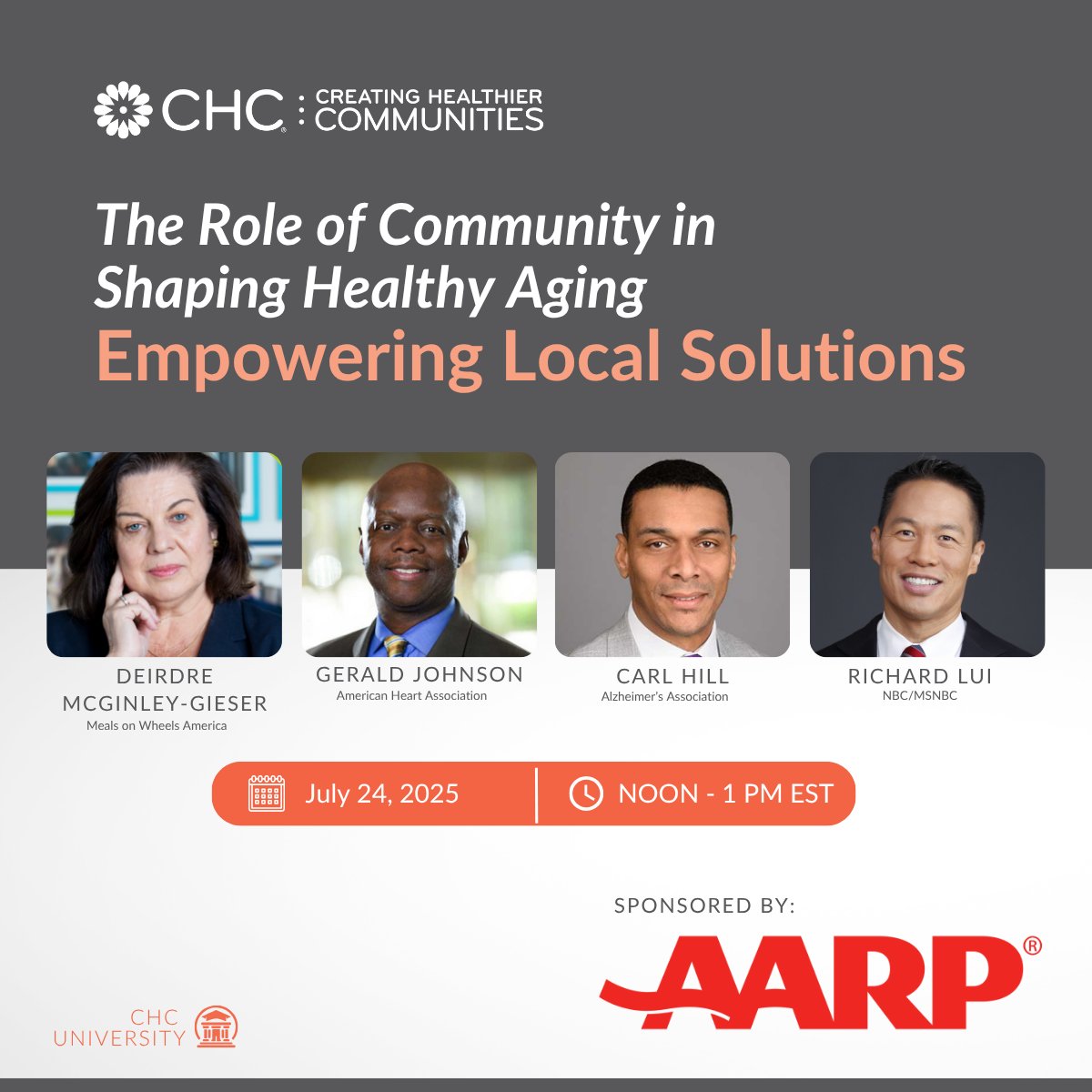 CHC: Creating Healthier Communities (@chcimpact) on Twitter photo Aging is a community issue, and national nonprofits are leading with bold solutions. Join CHC and leaders from <a href="/alzassociation/">Alzheimer's Association</a>, @american_heart, and <a href="/_MealsOnWheels/">Meals on Wheels</a> for an insightful discussion sponsored by <a href="/AARP/">AARP</a>.
Register: ow.ly/KUTo50WqLvY
#HealthyAging #PublicHealth Aging is a community issue, and national nonprofits are leading with bold solutions. Join CHC and leaders from <a href="/alzassociation/">Alzheimer's Association</a>, @american_heart, and <a href="/_MealsOnWheels/">Meals on Wheels</a> for an insightful discussion sponsored by <a href="/AARP/">AARP</a>.
Register: ow.ly/KUTo50WqLvY
#HealthyAging #PublicHealth