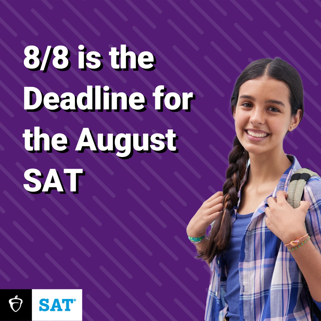 OfficialSAT's tweet image. 📣 Heads up, August #SAT takers — you’ve got three weeks left to register.
The deadline is Friday, August 8 at 11:59 p.m. ET. Set your college goals in motion and lock in your seat today.
🔗 Register now: spr.ly/60124C3Qg
