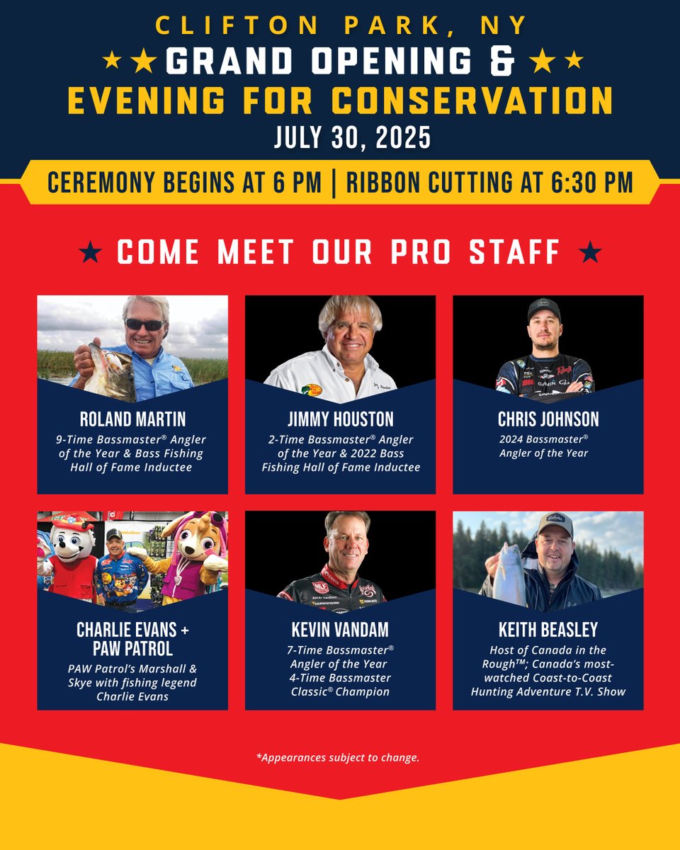 BassProShops's tweet image. Mark your calendars for the Grand Opening and Evening for Conservation of our newest store in Clifton Park, NY! Join us on July 30 for a night of pro appearances, giveaways, family fun, and much more all benefiting conservation! Click here to learn more: bit.ly/4lMLx7J