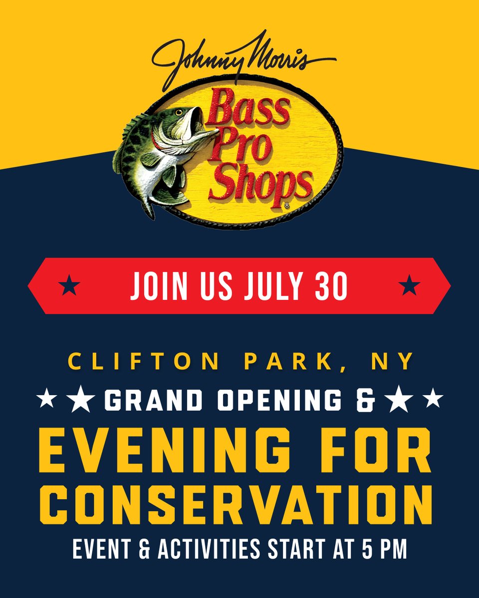 BassProShops's tweet image. Mark your calendars for the Grand Opening and Evening for Conservation of our newest store in Clifton Park, NY! Join us on July 30 for a night of pro appearances, giveaways, family fun, and much more all benefiting conservation! Click here to learn more: bit.ly/4lMLx7J