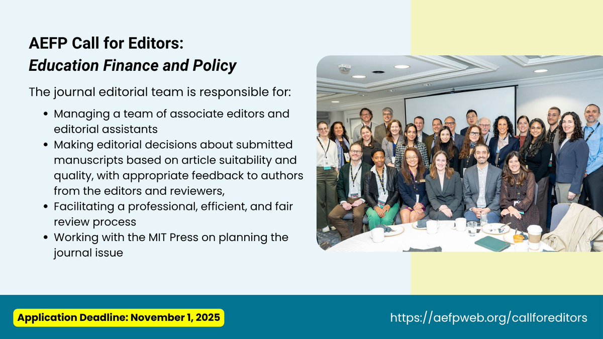 aefpweb's tweet image. AEFP invites applications for the editorship of EFP, the association’s flagship journal. Applications are due Nov 1. Read more about it here: aefpweb.org/callforeditors
