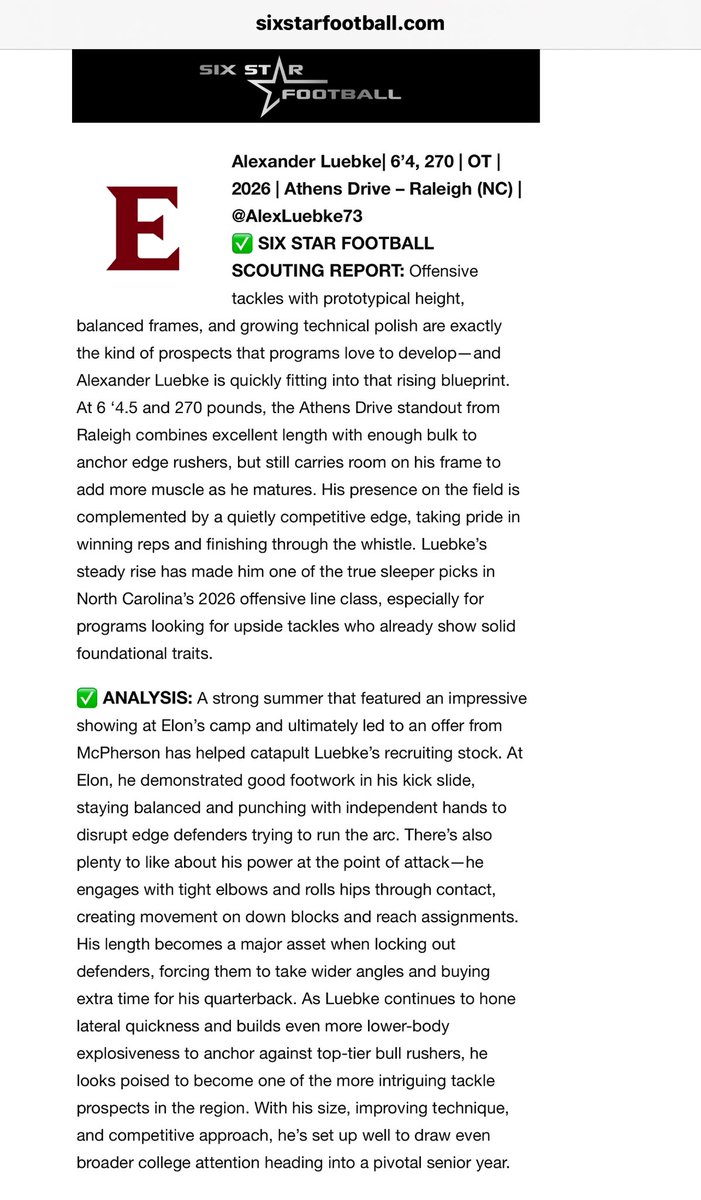 Alexander Luebke (@alexluebke73) on Twitter photo Thank you <a href="/sixstarfootball/">Six Star Football | PLUS+</a> for mentioning me and writing up a scouting report and analysis. Appreciate it. Thank you <a href="/sixstarfootball/">Six Star Football | PLUS+</a> for mentioning me and writing up a scouting report and analysis. Appreciate it.