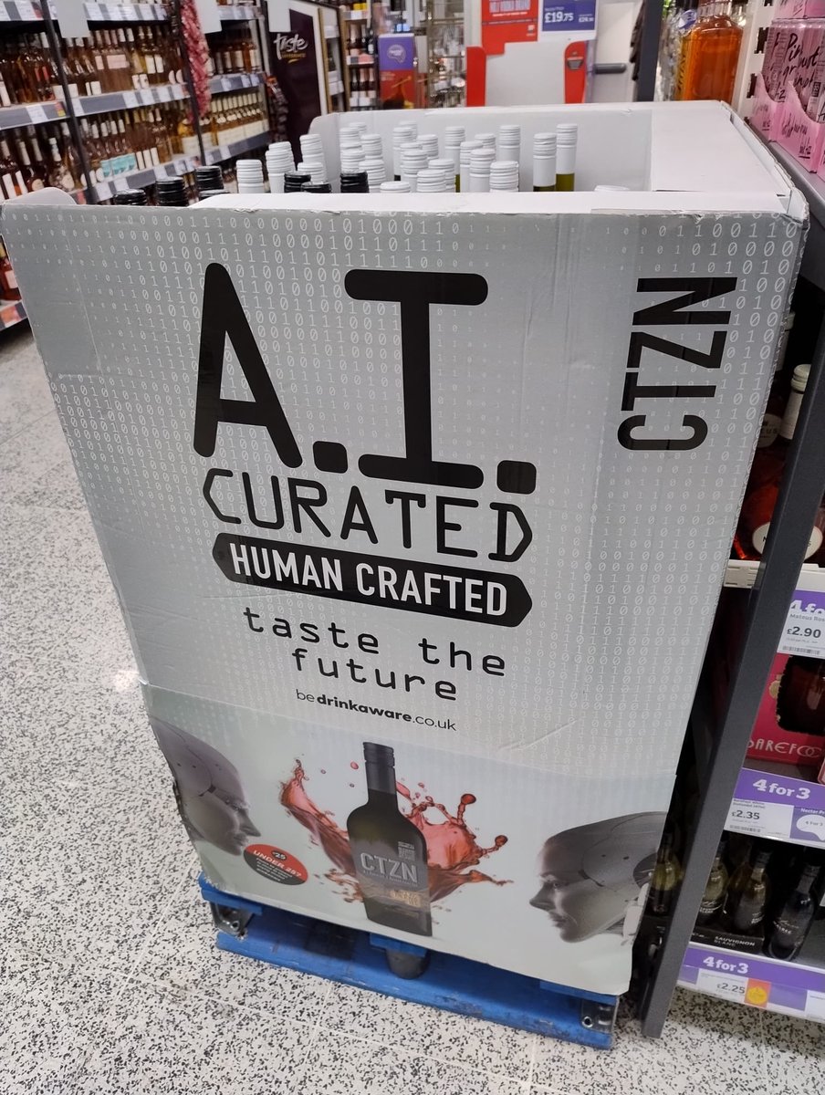 B4DC0FFEE's tweet image. spotted at Sainsbury's. Haven't seen stuff like this since the dot-com bubble 25 years ago, it's when even marketing for stuff like random-shit-wine tries to get into the AI bandwagon that you know you have a bubble about to burst.