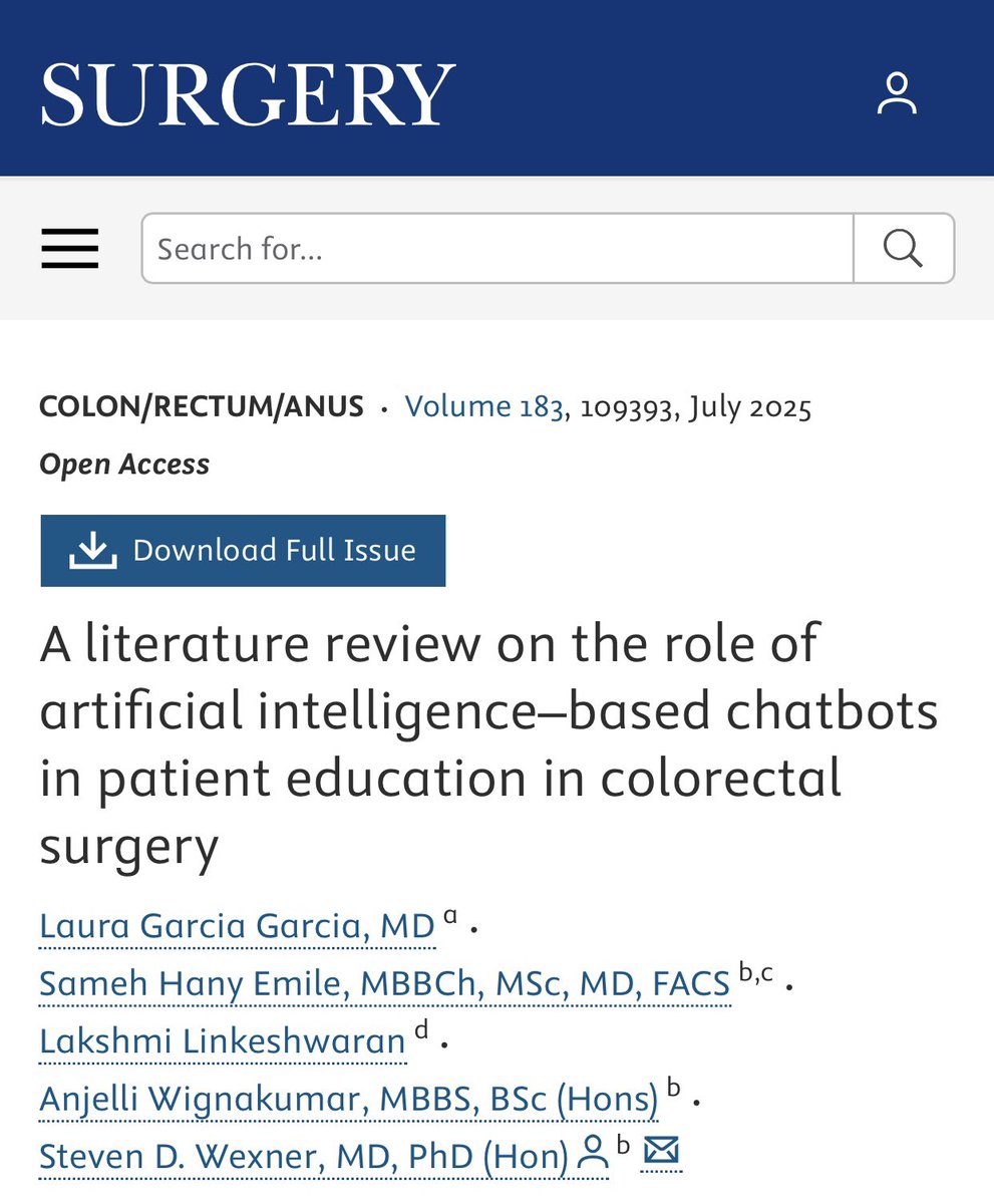 SurgJournal's tweet image. Is it time to ask ChatGPT?

#OpenAccess Alert! 🔓⚠️

A literature review on the role of artificial intelligence-based chatbots in patient education in colorectal surgery

surgjournal.com/article/S0039-…

@dr_samehhany81 @SWexner @CaitlinWHicks @juliomayol @SyedAAhmad5 

#SoMe4Surgery
