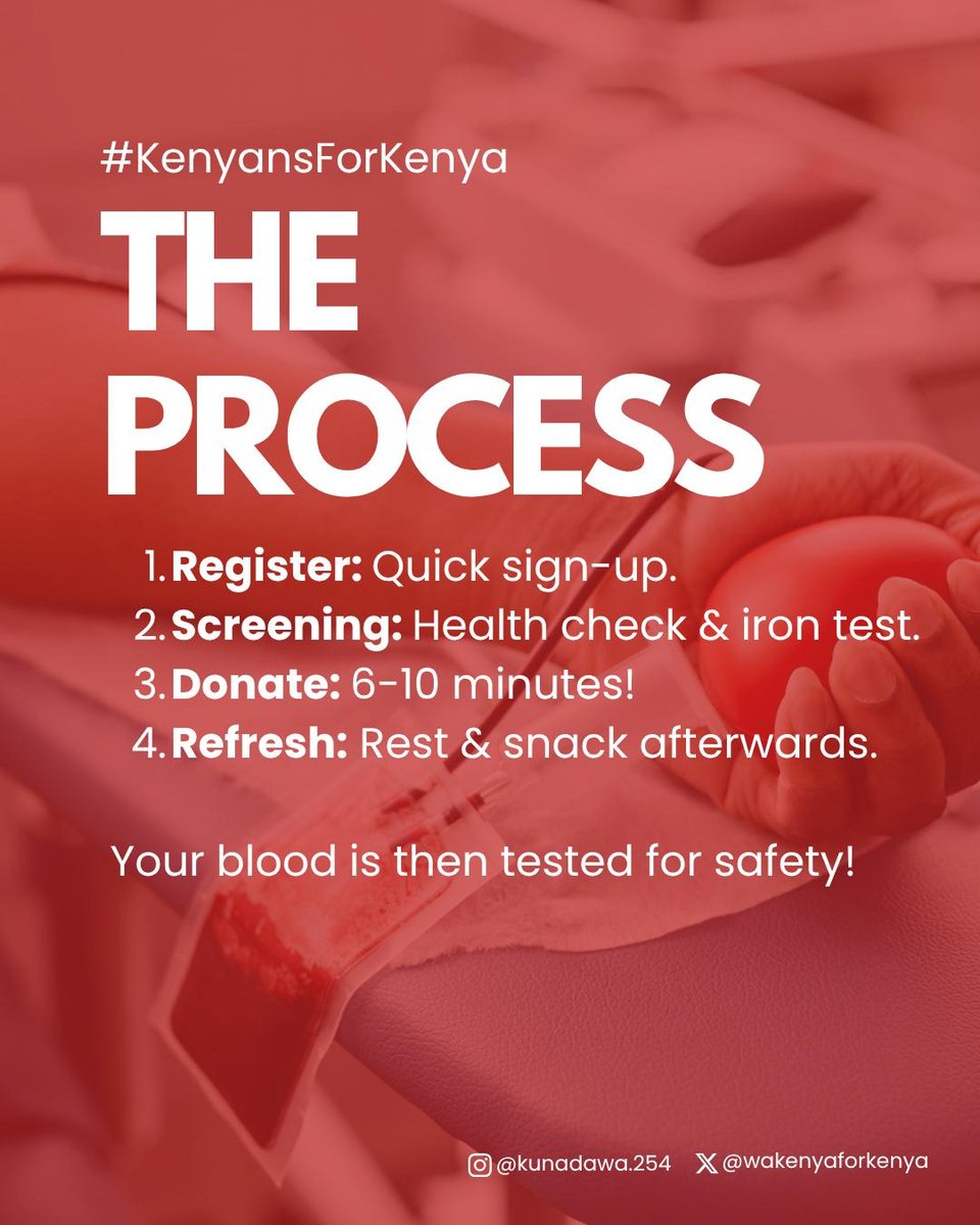 WakenyaForKenya's tweet image. We still have comrades in hospital who desperately need blood.
If you're not sure about the process, here are some quick pointers on why and how you can donate blood.
Each donation is a powerful act of solidarity and compassion for those in dire need. #KenyansforKenya