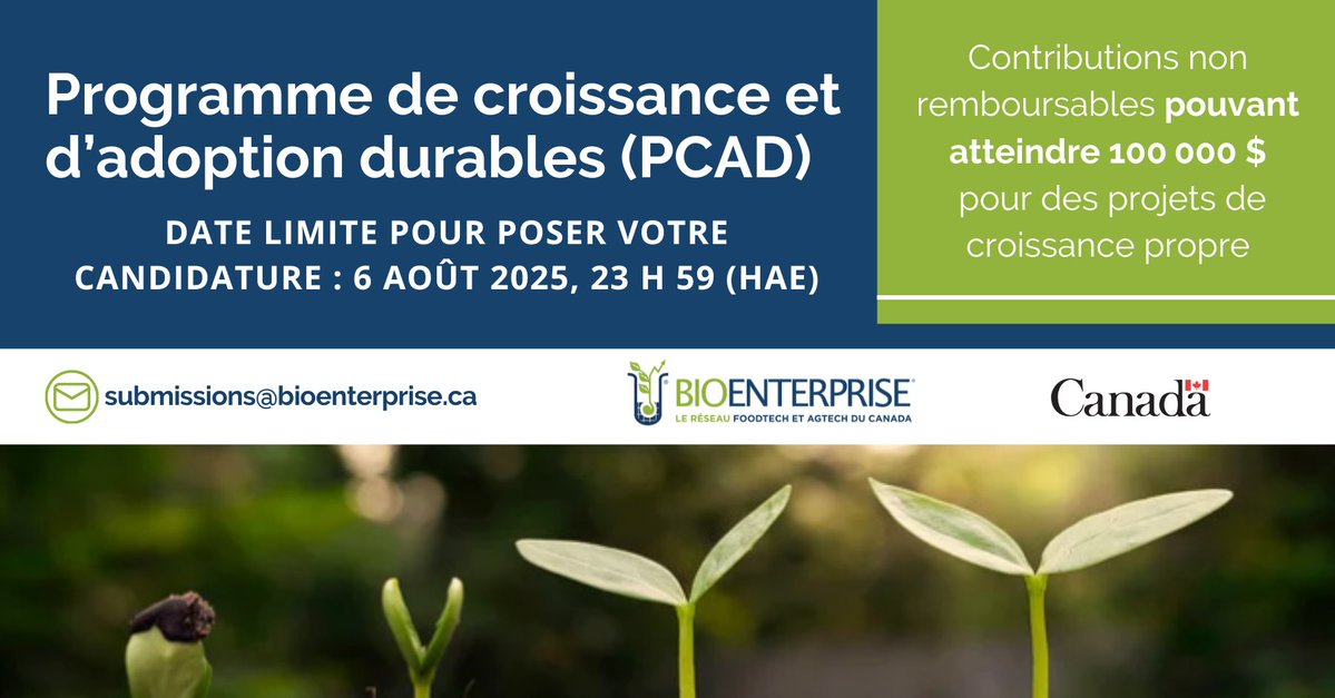 BioenterpriseCA's tweet image. 🚀 Les candidatures dans le cadre du #PCAD sont acceptées jusqu’au 6 août 2025 à 23 h 59 (HAE). Vous pourriez obtenir du financement pour vos projets axés sur la durabilité.🌿 Financé par le #GC par l’intermédiaire de @FedDevOntario. 

Renseignements : ow.ly/XyPB50Wa7iS