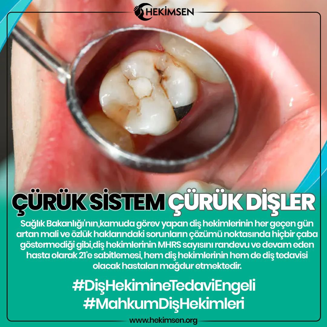 Sağlık Bakanlığı'nın,kamuda görev yapan diş hekimlerinin her geçen gün artan mali ve özlük haklarındaki sorunların çözümü noktasında hiçbir çaba göstermediği gibi,diş hekimlerinin MHRS sayısını randevu ve devam eden hasta olarak 21'e sabitlemesi, hem diş hekimlerinin hem de diş