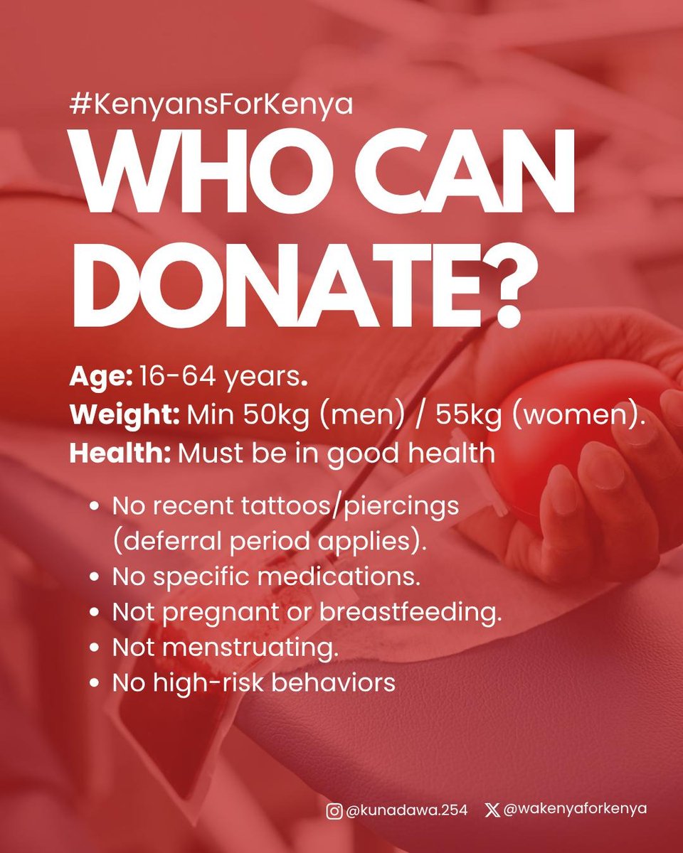 WakenyaForKenya's tweet image. We still have comrades in hospital who desperately need blood.
If you're not sure about the process, here are some quick pointers on why and how you can donate blood.
Each donation is a powerful act of solidarity and compassion for those in dire need. #KenyansforKenya