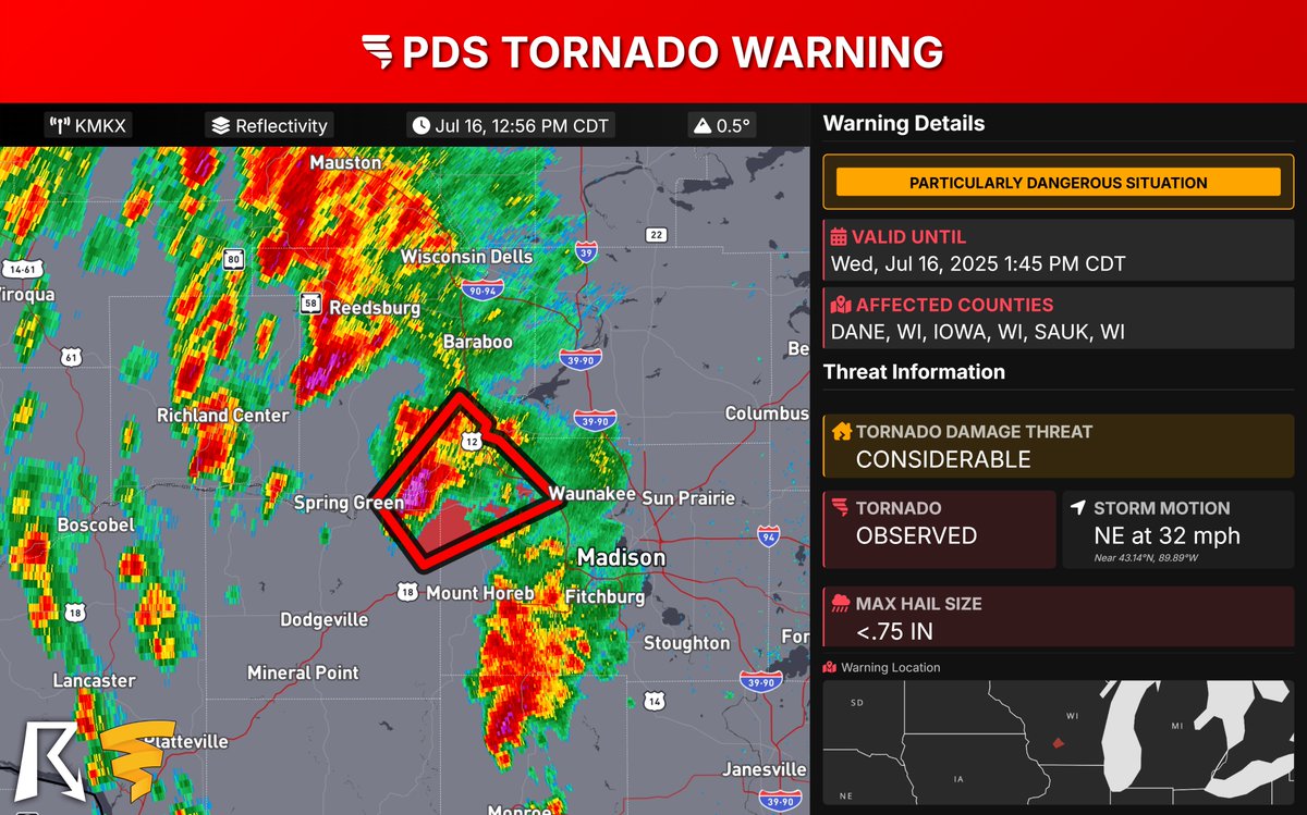 Wisconsin Tornado Warning: Confirmed large &amp; extremely dangerous tornado near Mazomanie (12 mi SW Sauk City) moving NE at 30 mph, with CONSIDERABLE damage threat. YOU are in a life-threatening situation. Flying debris deadly, mobile homes destroyed, complete destruction possible.