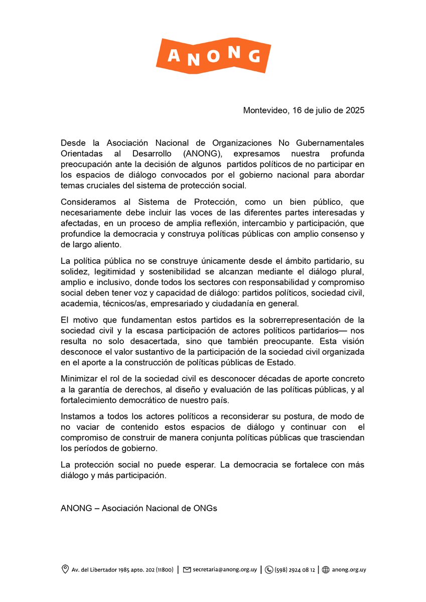 📢  ANONG expresa preocupación por ausencia de partidos políticos en Diálogo Social.