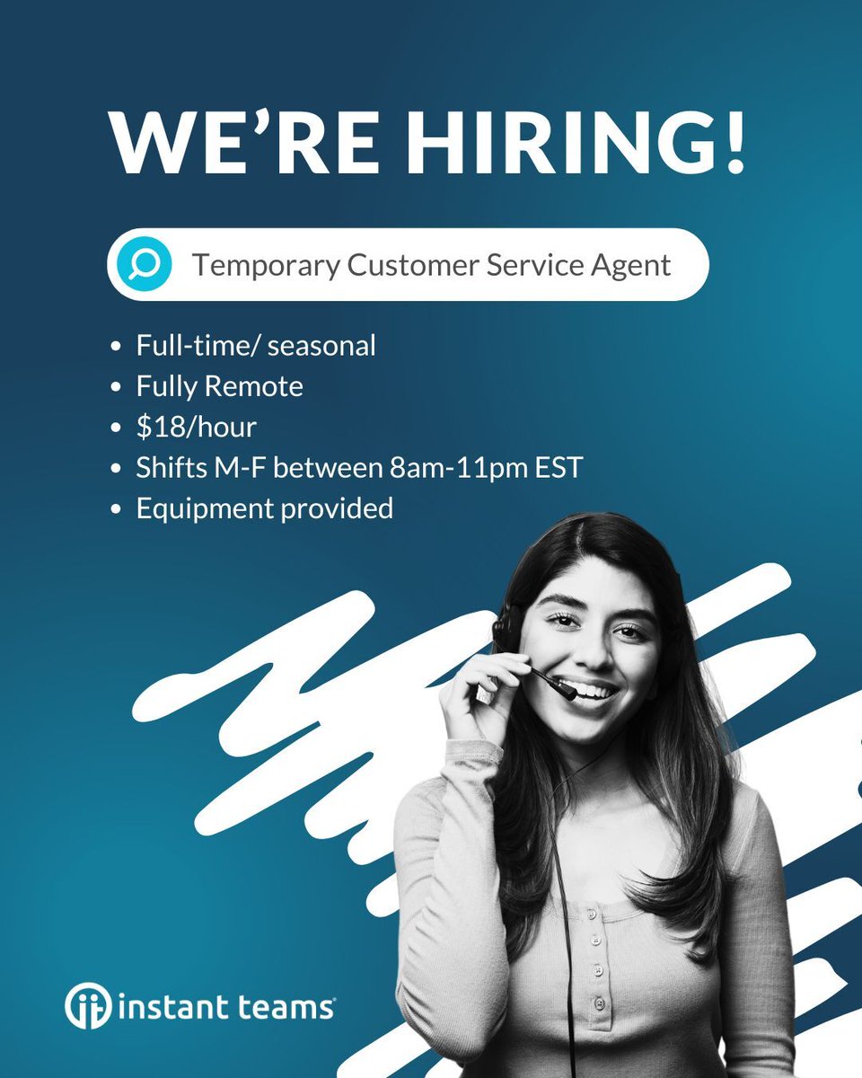 📣HOT NEW JOB ALERT!!!! 📣
We're hiring Temporary Customer Service Agents! Read full details and apply today! hubs.la/Q03xwCNC0

#applynow #hiring #customersupport #customerexperience #cx #remotework #remotejobs #militaryspousehiring #instantteams #aepramp