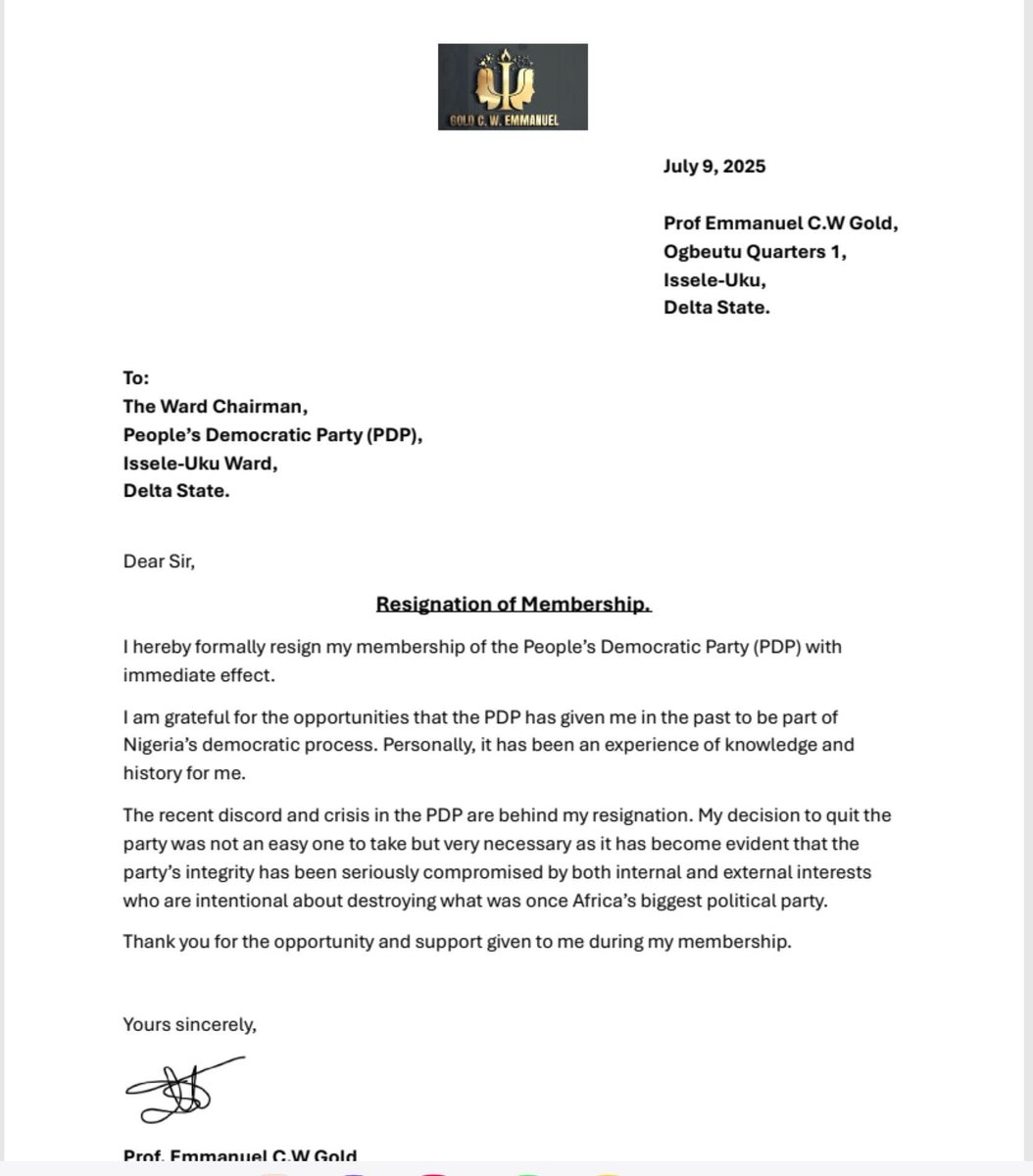 muhammaddayyiib's tweet image. Breaking news
The former Deputy Chairman of PDP UK Chapter and Deputy Director, Diaspora, of the 2023 Presidential Campaign Council, Prof. Gold C W Emmanuel, defects from PDP to ADC