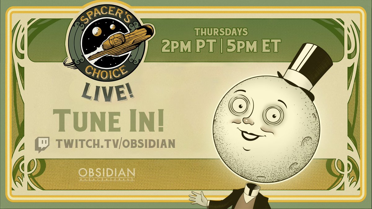 It's not the best choice, it's Spacer's Choice LIVE! The Halcyon Holdings Corporation is proud to announce that your favorite corporate mascot is coming to the Obsidian Twitch channel—as a VTuber model. That's right, THE Moon Man!
 
Join us for a developer playthrough of The