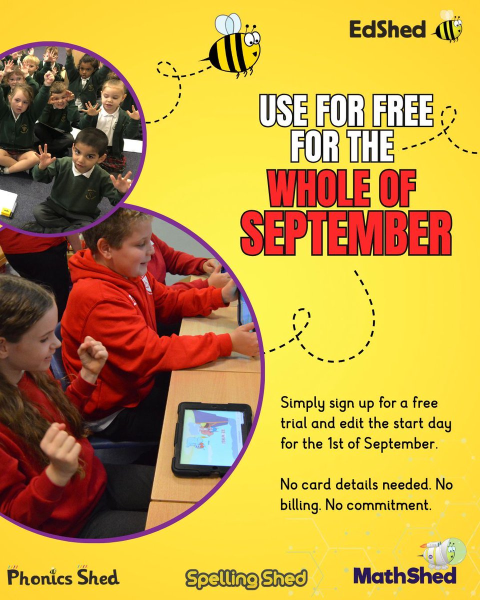 🐝🌟 Use Spelling Shed, MathShed and Phonics Shed for FREE for the Whole of September

Simply sign up for a free trial and edit the start day for the 1st of September. 

No card details needed. No billing. No commitment. 

👉 edshed.com

#edshed