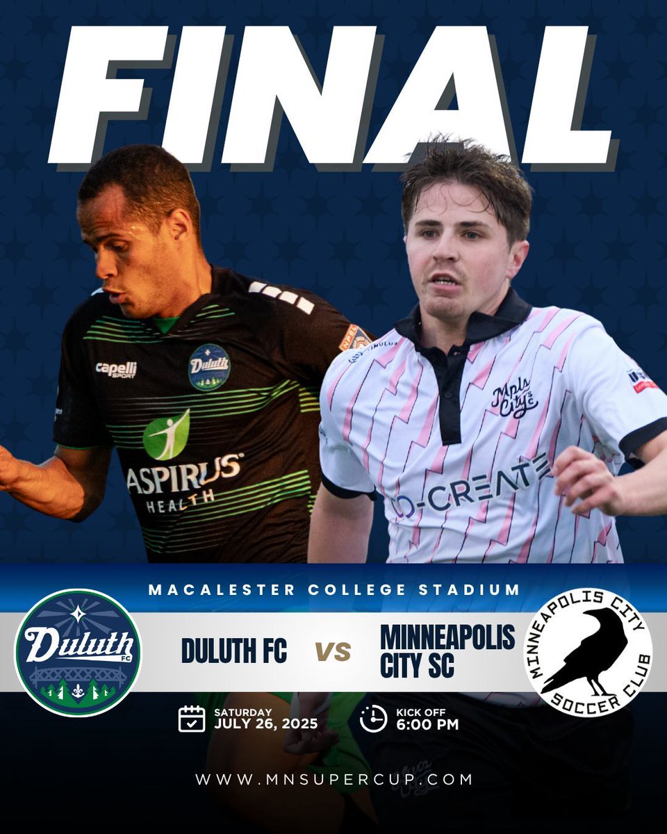 MNSuperCup's tweet image. The Final is SET! 🏆
It's official: Duluth FC will face Minneapolis City SC for the 2025 Minnesota Super Cup!
Minneapolis City SC advances to the final after their July 23rd semifinal match was forfeited by St. Croix Legends.
Two of Minnesota's top clubs will now battle it out…