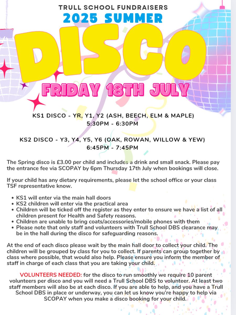Don’t forget to make your payment on SCOPay if your child is coming to the disco tomorrow. Bookings will close at 6pm tomorrow! #disco <a href="/TrullSchool/">Trull School</a>