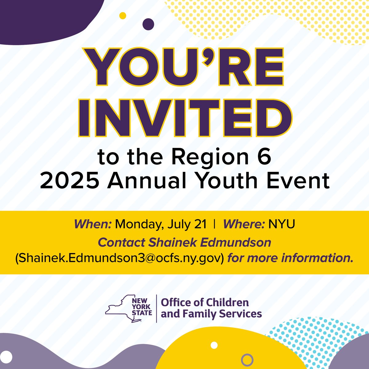 NYSOCFS's tweet image. Next week: Join us for the Region 6 2025 Annual Youth Event! NYC youth are invited to advocate for a better future and explore their paths to adulthood with help from former foster youth and supportive adults.

📅Monday, July 21
📍@nyuniversity
🔗youthinprogress.org/news/2025-yout…