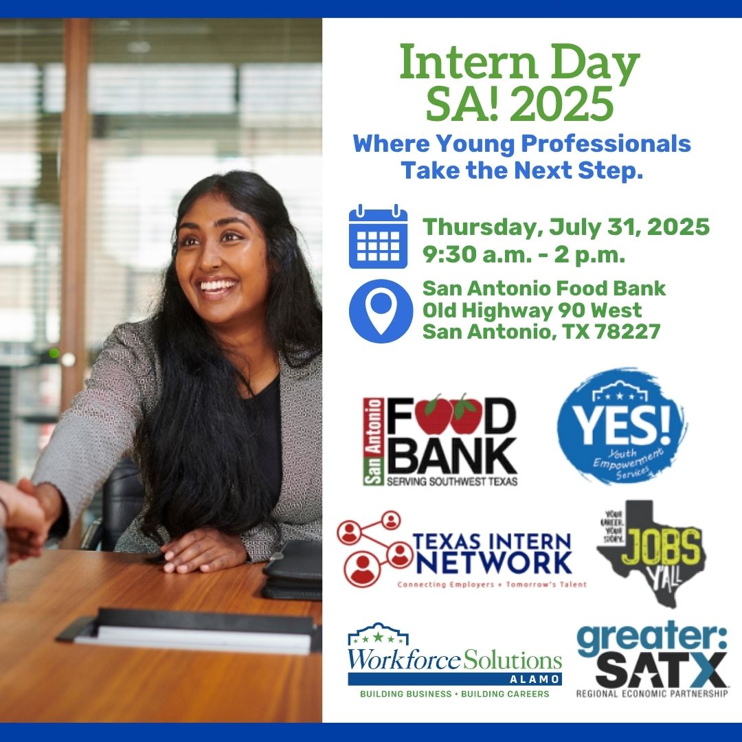 Interns! Don’t miss Intern Day SA! 2025, the ultimate celebration of YOU.

📅 7/31/25
🕓 9:30am - 2pm
📍 San Antonio Food Bank
5200 Historic Old Hwy 90

Register here: eventbrite.com/e/intern-day-s…

#WorkforceSolutionsAlamo #InternDay #FutureLeaders