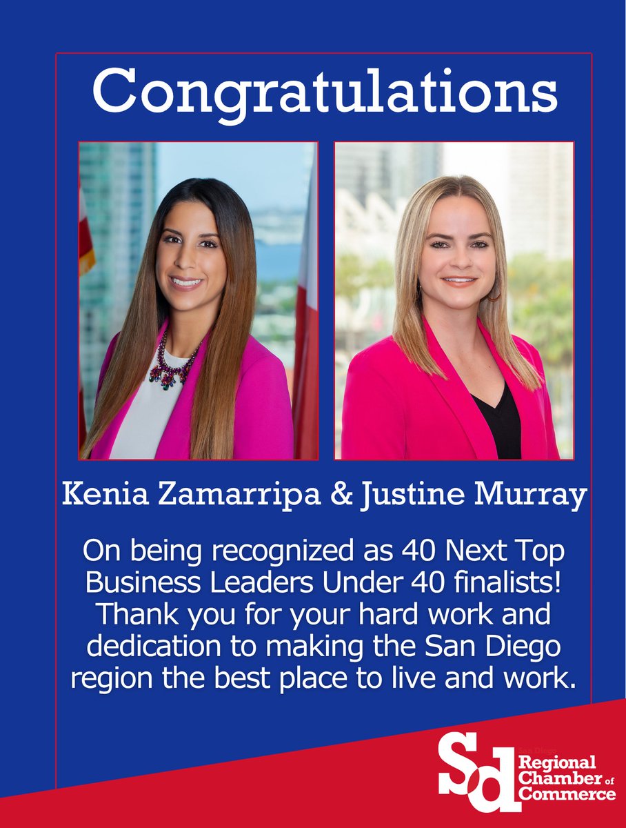 San Diego Regional Chamber (@sdchamber) on Twitter photo Congratulations to our own <a href="/KeniaZamarripaV/">Kenia Zamarripa</a>, VP of International & Public Affairs, and <a href="/jay_murr12/">justine murray</a>, Executive Director of Public Affairs, on being recognized as 40 Next Top Business Leaders Under 40 finalists! Thank you for your hard work and dedication! Congratulations to our own <a href="/KeniaZamarripaV/">Kenia Zamarripa</a>, VP of International & Public Affairs, and <a href="/jay_murr12/">justine murray</a>, Executive Director of Public Affairs, on being recognized as 40 Next Top Business Leaders Under 40 finalists! Thank you for your hard work and dedication!