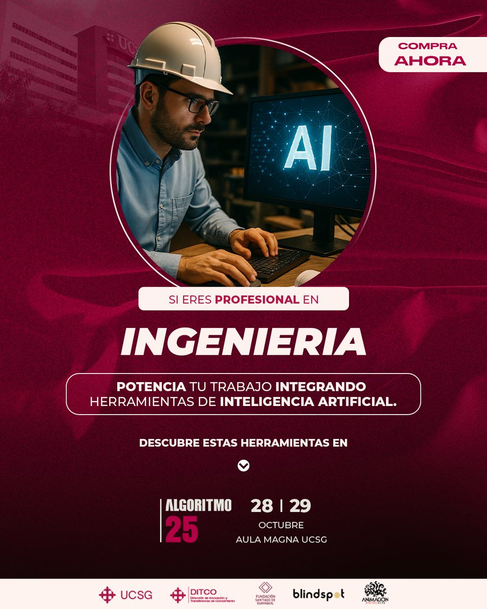 algoritmoucsg's tweet image. ¡Ingeniero, es hora de potenciar tu futuro! 🚀
Descubre cómo la Inteligencia Artificial puede transformar tu trabajo.
🗓️ 28 y 29 de Octubre 📍 Aula Magna UCSG
No te quedes atrás. ¡Compra tus entradas AHORA y lleva tu ingeniería al siguiente nivel! #Ingenieria #IA #Algoritmo25