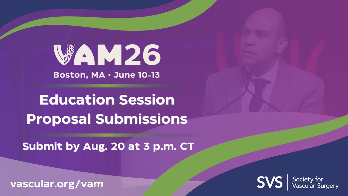 Vascular SVS (@vascularsvs) on Twitter photo Education session proposal submissions NOW OPEN for #VAM26, June 10–13 in Boston! Anyone can submit: experienced vascular surgeons, young surgeons or trainees w/ fresh ideas, or members of an affiliate society.
📅 Deadline: Aug. 20, 3 p.m. CT 
💻 ow.ly/kywF50WqFfI Education session proposal submissions NOW OPEN for #VAM26, June 10–13 in Boston! Anyone can submit: experienced vascular surgeons, young surgeons or trainees w/ fresh ideas, or members of an affiliate society.
📅 Deadline: Aug. 20, 3 p.m. CT 
💻 ow.ly/kywF50WqFfI