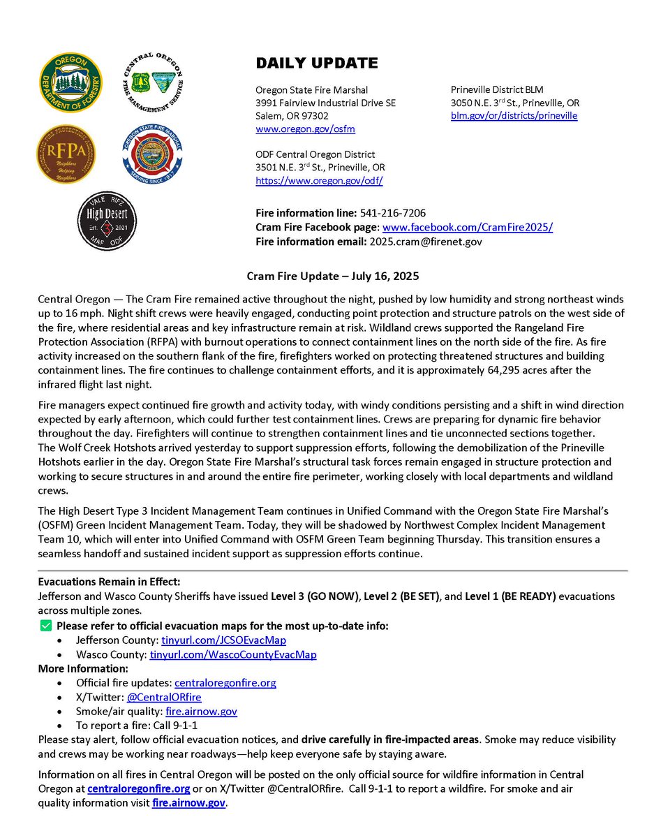 CentralORFire's tweet image. #CramFire Morning Update for July 16 is posted on Inciweb at inciweb.wildfire.gov/incident-publi….