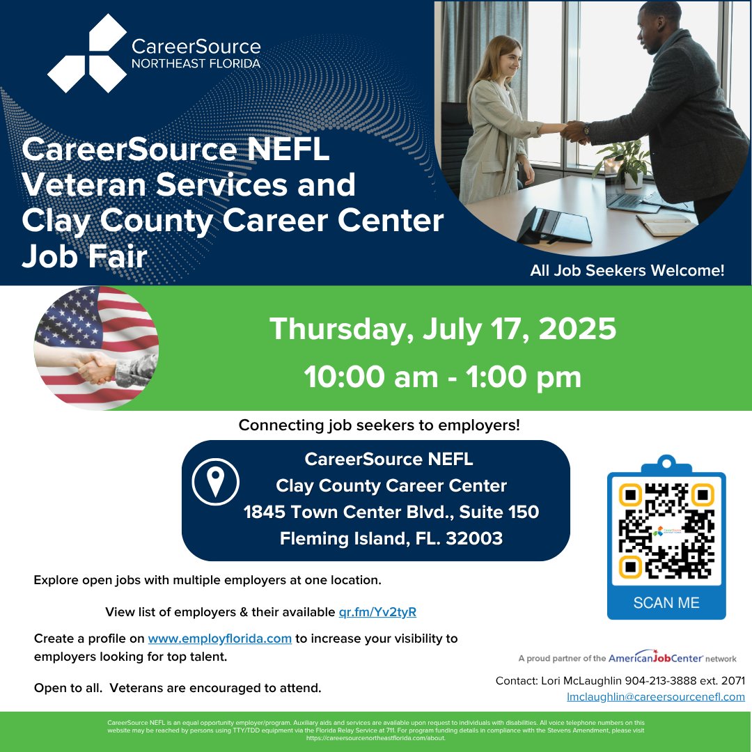 CareerSource NEFL (@careersourcenef) on Twitter photo Attend our job fair and meet employers looking to hire talent like you!
CareerSource NEFL Veteran Services and Clay County Career Center Job Fair
Date: April 17, 2025
Time: 10am - 1pm
View list of employers & their positions at: bit.ly/csneflapril25
@jaxjobs <a href="/CityofJax/">City of Jacksonville</a> Attend our job fair and meet employers looking to hire talent like you!
CareerSource NEFL Veteran Services and Clay County Career Center Job Fair
Date: April 17, 2025
Time: 10am - 1pm
View list of employers & their positions at: bit.ly/csneflapril25
@jaxjobs <a href="/CityofJax/">City of Jacksonville</a>