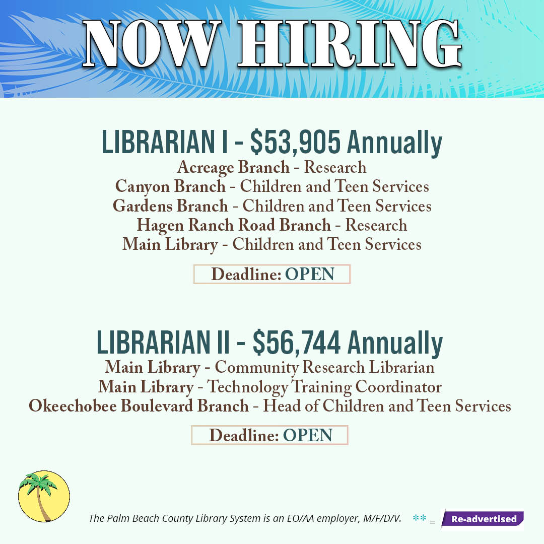 pbclibrary's tweet image. Ready to launch your career? Check out our opportunities and apply today! We have many great benefits, including health insurance, tuition reimbursement, Florida Retirement System & more!
✨ Start your journey with us by visiting tinyurl.com/pbclsJobs
#employment #pbclibrary