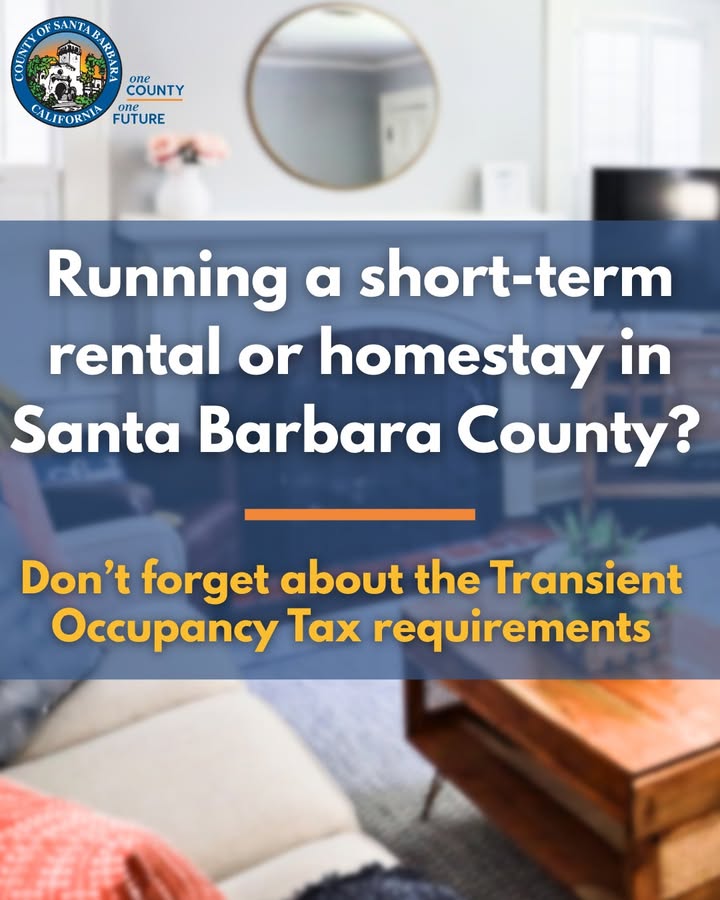 countyofsb's tweet image. 📢 Santa Barbara County is Here to Help Hosts Stay Compliant!
If you’re a short-term rental or homestay owner, the County is providing guidance to help you navigate local regulations and Transient Occupancy Tax (TOT) requirements. Click here to learn more: content.civicplus.com/api/assets/b66…
