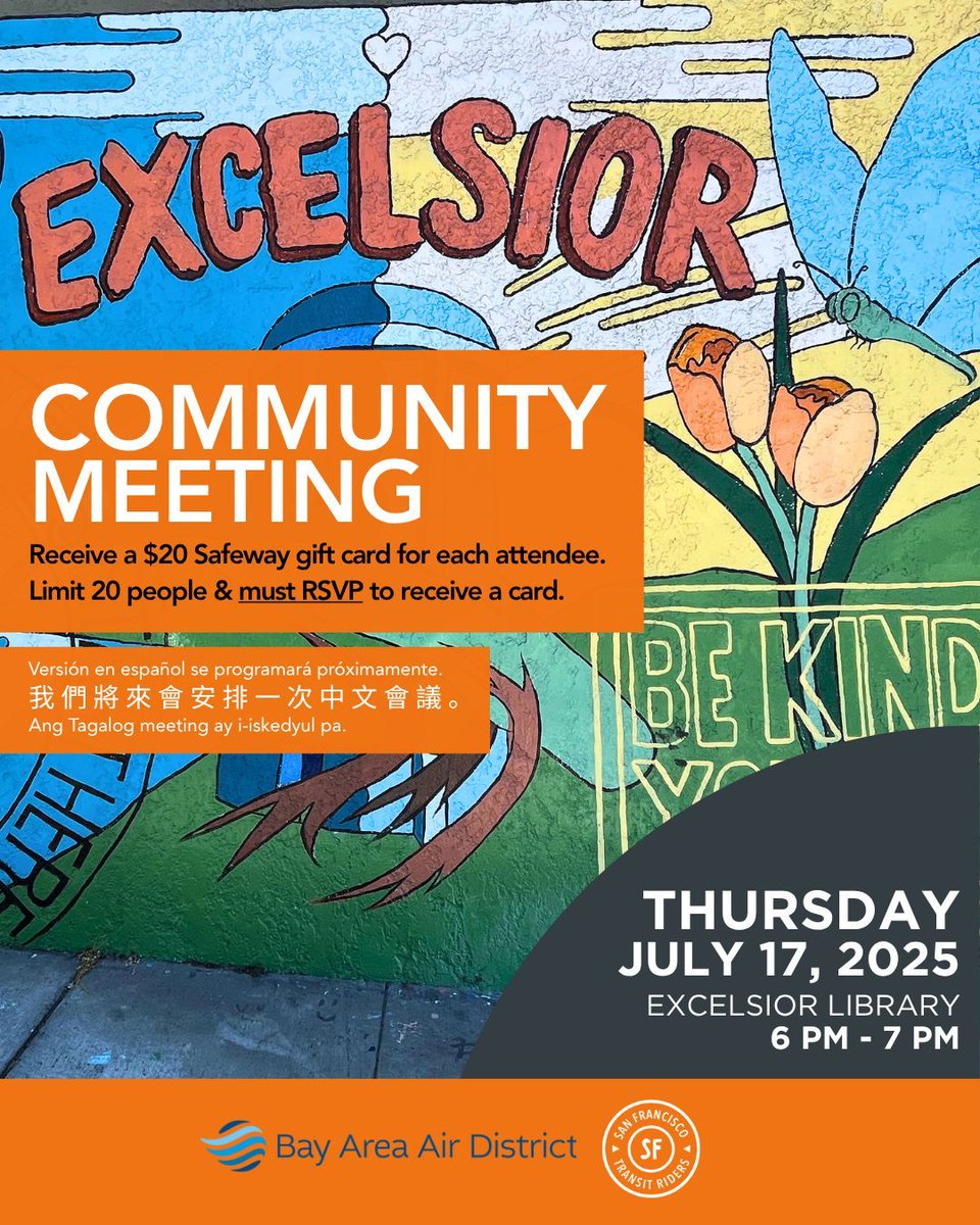 SFTRU's tweet image. Have you reserved your spot for tomorrow's Community Meeting in the Excelsior neighborhood? There, San Francisco Transit Riders and the @AirDistrict will be discussing the future of transit in the Excelsior neighborhood.
RSVP here: buff.ly/LjSHgno