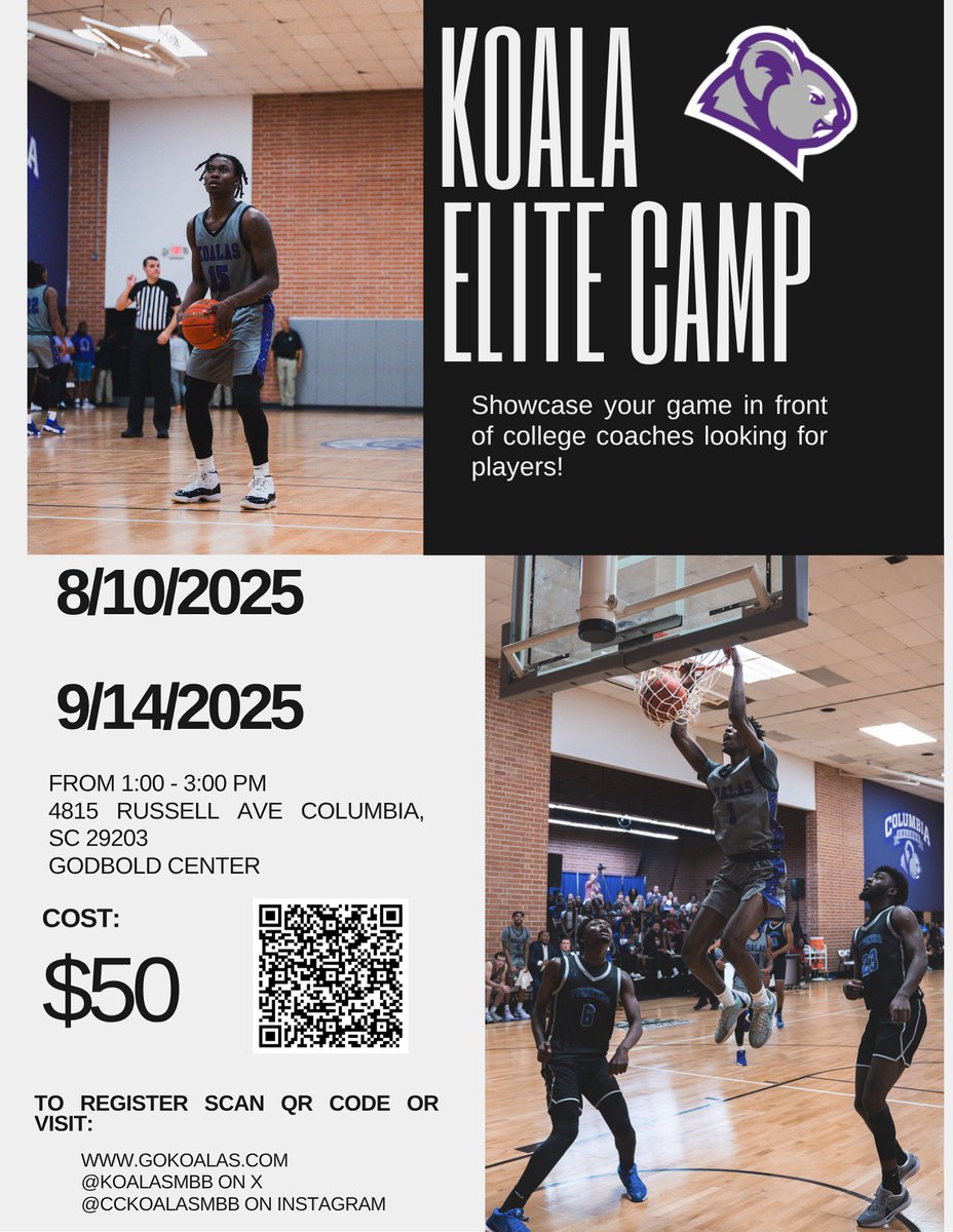KoalasMBB's tweet image. Elite Camp Announcement!

We are thrilled to announce two upcoming prospect camps on August 10th and September 14th! 

Link to register is available via QR Code or through the link in our bio. Camp numbers are limited to the first 35 spots so make sure you register ASAP!
