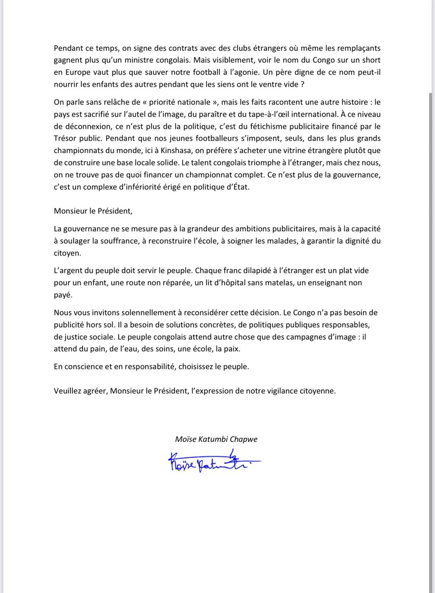 Sponsoring de clubs européens: Moise Katumbi écrit à Félix Tshisekedi 

« L’argent du peuple doit servir le peuple. Chaque franc dilapidé à l’étranger est un plat vide pour un enfant, une route non réparée, un lit d’hôpital sans matelas, un enseignant non payé » #RDC 👇