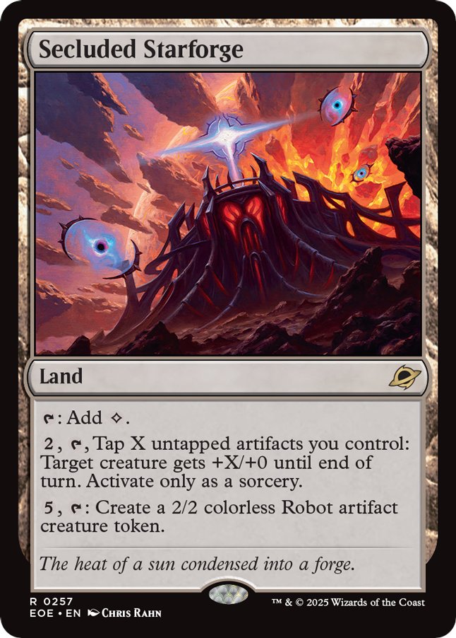 coL_Amazonian's tweet image. Ready to make some ROBOTS? I'm revealing Secluded Starforge (and all its versions) from Edge of Eternities.
Gee, I wonder what Tezzeret is up to.
#MTGEternities #MTGAmbassador