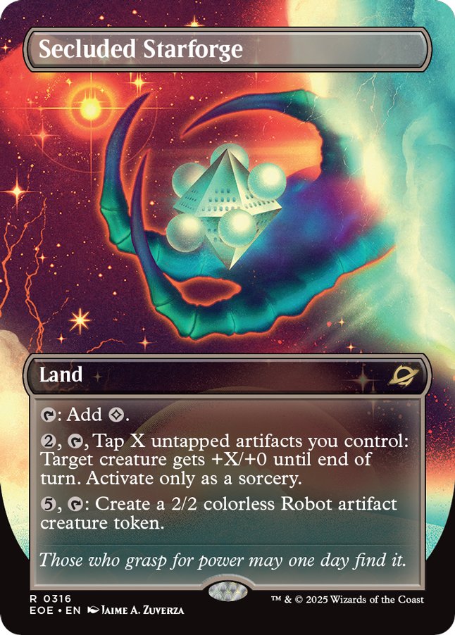 coL_Amazonian's tweet image. Ready to make some ROBOTS? I'm revealing Secluded Starforge (and all its versions) from Edge of Eternities.
Gee, I wonder what Tezzeret is up to.
#MTGEternities #MTGAmbassador