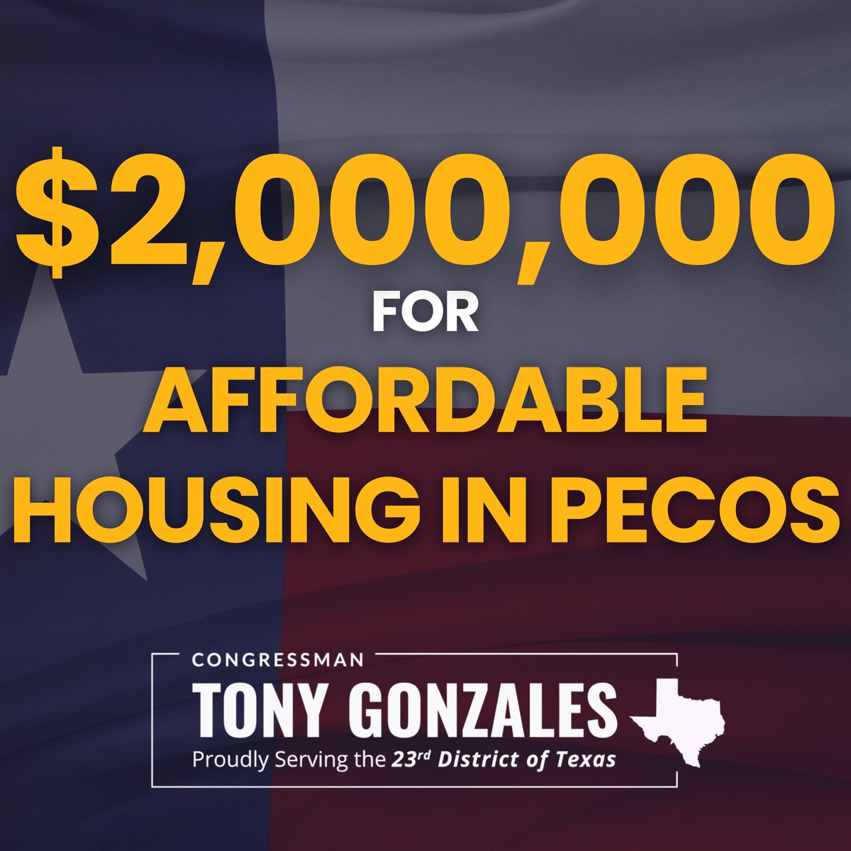 RepTonyGonzales's tweet image. 🚨RESULTS: House Appropriations ADVANCED my $2 million funding request to construct affordable housing for law enforcement in Pecos, TX.
This project will provide our first responders in West Texas with better and more accessible housing options.
I’ll keep fighting in…