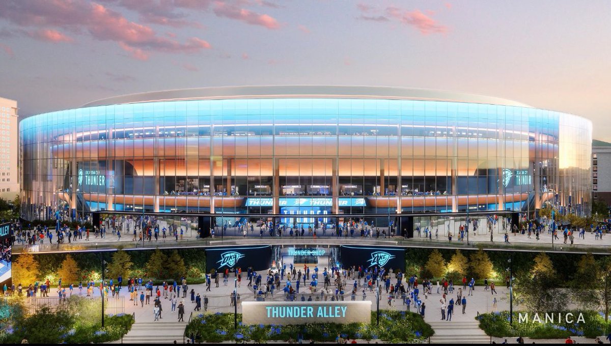 ThunderFilmRoom's tweet image. The first renderings for OKC’s near 1 Billion Dollar arena that is set to open in 2028, per @SBJ.